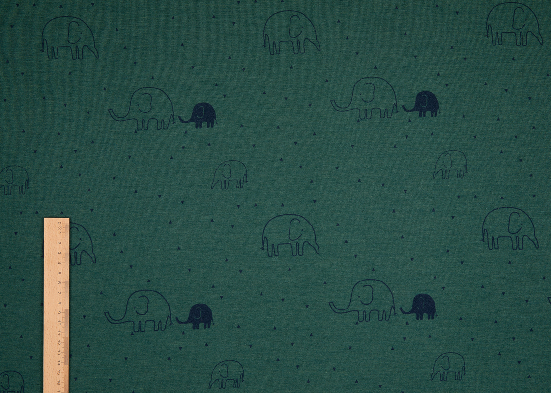 Elefanten auf Stockentengrün Bio Wolle/Seide Jersey (kbT, mulesingfree) Kopie